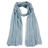 Silk Embroidered Wavy Vine Long Scarf Shawl - Blue