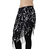 Terylene Belly Dance Hip Scarf & Shawl With Paillettes And Fringe, Deluxe V-Shape Style -black