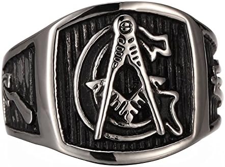 MOKING Mens Gothic Stainless steel Masonic Vintage Ring G Mason Master Freemason/Mason Signet Ring,Silver Black (10)