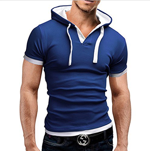 DOUBLEC Men's Short Sleeve POLO Shirt Hooded Solid Color T-shirt Blue XL