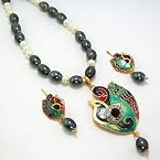 Necklaces - Meenakari Pendant Lustre Set Grey Silver Blues