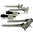Set of Six White Rhinestone Hair Pins, Heart, Bow and Rectangular Shaped