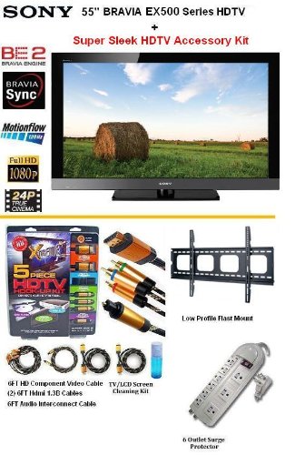 Brand New Sony Bravia KDL-55EX500 Series HDTV 1080p LCD HDTV With The Extreme HD Sony Accessory Kit Includes Professional Super Slim Flat Mount + (2) 6FT Hdmi 1.3B Cables, 6FT Audio Interconnect Cable Screen Cleaner + Surge Protector