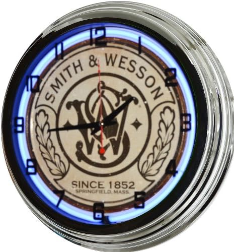 17" Blue Neon Wall Clock, Smith & Wesson Since 1852 Logo, Firearms Guns