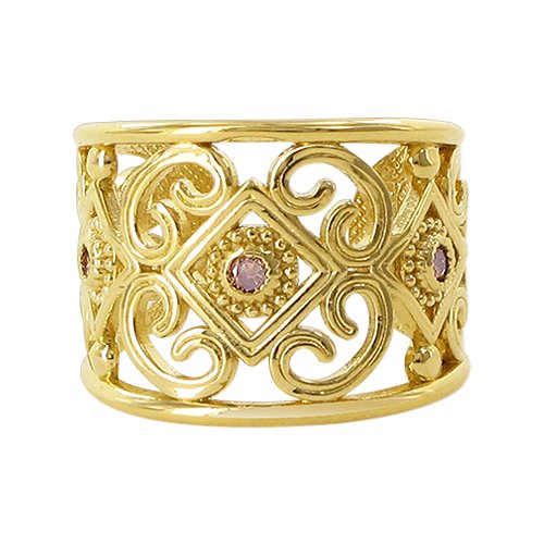 18 KTGold Plated Sterling Silver Round Shaped Sapphire Accents Floral Filigree Design Polished Finish 18mm Band Ring One size fits all