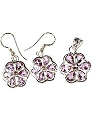 Fine Cut Amethyst Flower Pendant with Earrings Set - Sterling Silver