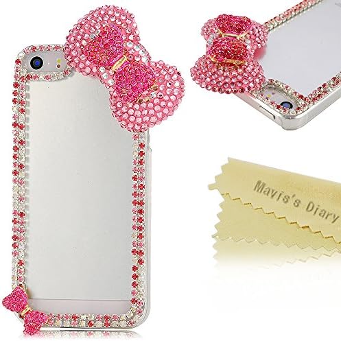 5s Case, Iphone 5 Case- Mavis's Diary 3D Handmade Shiny Bling Lovely Pink Bow-tie Crystal Sparkly Diamond Rhinestone Design Clear Case Hard Cover for Iphone 5 5S with Soft Clean Cloth