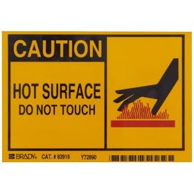 Brady 83916 3-1/2" Height, 5" Width, B-302 High Performance Polyester, Black And Red On Yellow Color Alert Sign, Legend "Caution, Hot Surface Do Not Touch With Picto": Industrial &amp; Scientific