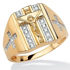 Gold Over Silver Diamond Mens Ring - Free magnetic Bracelet