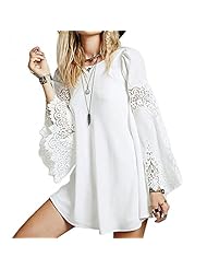 Chiffon Fall Shift Lace  Vintage Long Sleeves Mini Dress  With Ruffles
