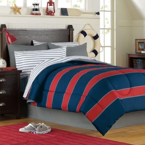 Blue & Red Rugby Stripe Boys Twin Comforter Set (6 Piece Bed In A Bag)