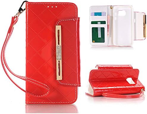 S7 Case, LongRise® Grid Deluxe PU Leather Wallet Pouch Case for Samsung Galaxy S7 with Wrist Strap and Diamond Buckle (Red)