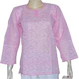 Womens Cotton Short Sleeve Top Shirt Blouse Chikan Embroidery Size M
