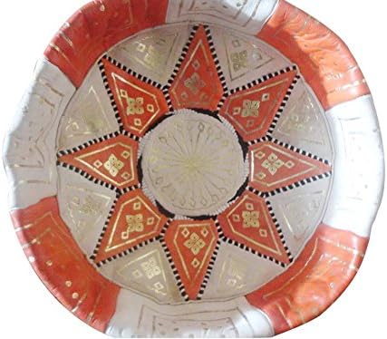 Moroccan Leather Pouf Orange & Beige Color