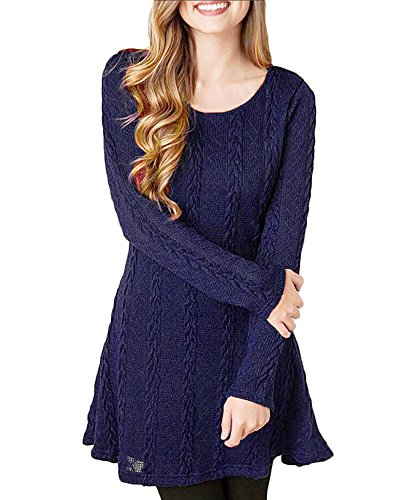 HAPEE Women's Crewneck Knitted Long Sleeve Sweater Dress,Dark Blue,Medium
