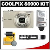 cheap Nikon Coolpix S6000 Digital Camera 14 MP Digital Camera with 7x Optical Zoom (Champagne Silver) with + Flash + Cleaning Kit