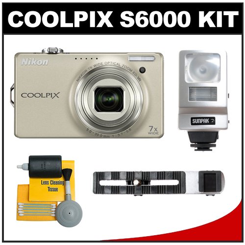 Nikon Coolpix S6000 Digital Camera 14 MP Digital Camera with 7x Optical Zoom (Champagne Silver) with + Flash + Cleaning Kit