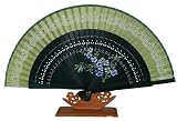 Oriental hand fan, green bamboo & silk, pocket size fan