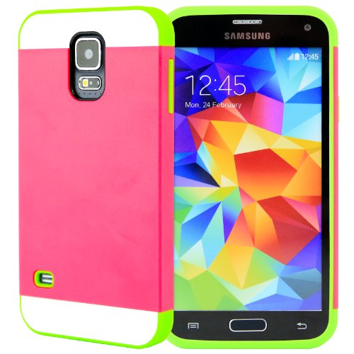 Galaxy S5 Case, (Hot Pink / Lime Green), CellJoyÂ® [Vivid Hybrid] **Dual Layer** TPU Case Phone Cover Skin **Card Storage** For Samsung Galaxy S5 SV i9600