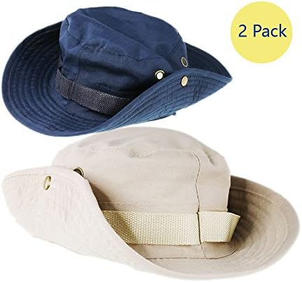 HIJOY Boonie Hat, Outdoor Sun Cap Camouflage Bucket with Air Bleeder, Mesh, Wind Lanyard, Latch for Hiking, Fishing, Travel, Garden Work, Large Size, Cotton (Dark Blue&amp;Rice White, Pack of 2)