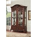"item Cherry finish wood curio cabinet with glass shelves, mirrored back and glass doors"