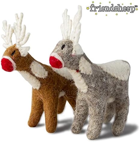 Friendsheep Santa's Reindeer - Handmade Fair Trade Christmas Wool Ornament Eco-Friendly, Sustainable, New Zealand Wool (1 Brown and 1 Grey)