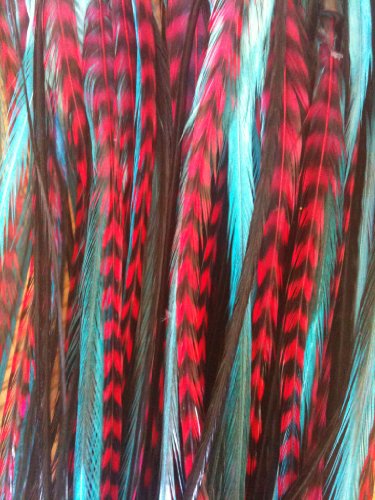 5 Original Rooster Peacock Color Feather Hair Extension with Red, Tourqoise & Black Trendy Feathers Plus Free Rhinestone Crystal Bobby Pin