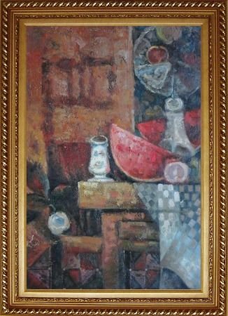 Still Life Object of Watermelon, Fan and Old Table Oil Painting, with Exquisite Dark Gold Wood Frame 42.5 x 30.5 inches