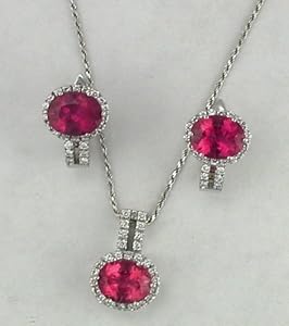 Earring and Pendant Set 1.0 K G VVS Diamonds and 7.6 K Tourmalinr Rubilite on 18K White Gold Made in Italy