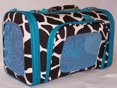 Designer Pet Carrier - Giraffe Print Dog Carrier with Blue Trim - Model No. 7816 GBU - Medium