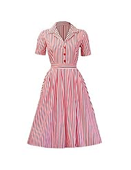 Striped Print Cotton/Elastane Vintage Pleated Evening Dress/Wedding Party Dress 