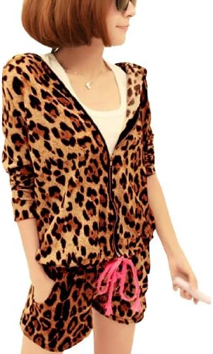 Women Leopard Prints Hoodie W Elastic Waist Shorts Tracksuits