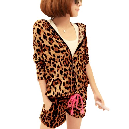 Women Leopard Prints Hoodie W Elastic Waist Shorts Tracksuits