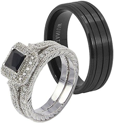 3 Pcs His & Hers Silver 925 Princess Black CZ & Titanium Grooved Bridal Set Ring Sz10,10