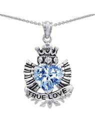 Genuine TRUE LOVE (tm) 925 Silver Simulated Aquamarine Heart With Crown and Angel Wings Pendant