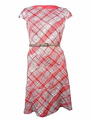 Crepe/Polyester Bateau Neck Plaid Print Belted  Dress