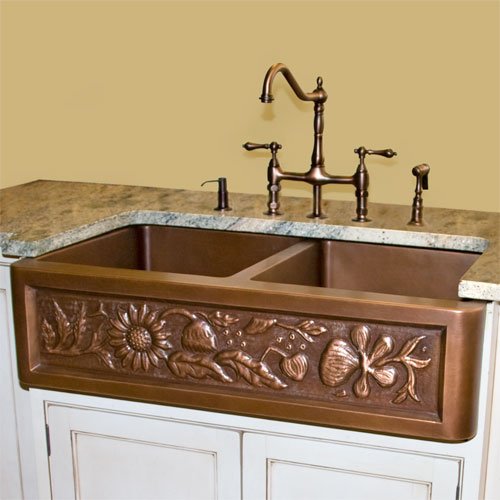 35-5/8 Floral Apron Front Double Bowl Copper Farmhouse Sink - Antique Copper