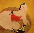 Original Hand Painted Watercolor painting - Woman with cat in red with yellow background