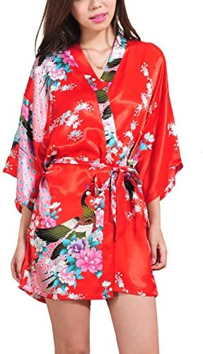 Macher Women's Kimono Style Satin Robe Bathrobes Knee Length (S, Red)