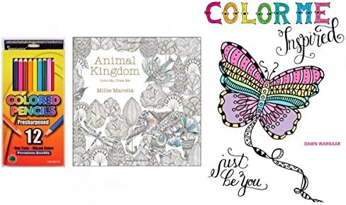 2 Adult Coloring Books With Colored Pencils (Color Me Inspired, Animal Kingdom &amp; 12 Color Pencils)