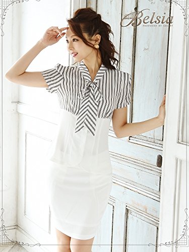 【Belsia】知的!ストライプボウタイセットアップキャバスーツ サマースーツ/キャバクラスーツ【ベルシア】(S/M/L)(ホワイト)*410193