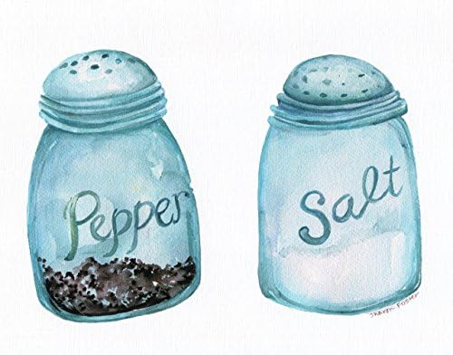 Watercolor print - Salt &amp; Pepper Blue Canning Jars , 8 x 10, Culinary, kitchen art print, mason jar salt and pepper shaker ART - print of original painting