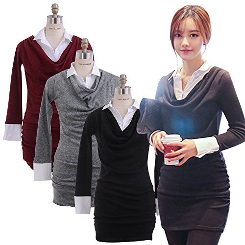 【 UN ANANAS 】 襟付 袖付 ワンピース Vネック レディース チュニック シャツワンピ OL 春 夏 シンプル シック 女子会 デート 結婚式 二次会 同窓会 3Color FREE Size