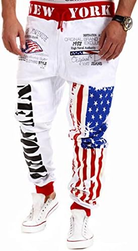 RainBox Men's Hip hop American USA FLAG Jogger Sport Sweat Cotton Pants White, X-Large