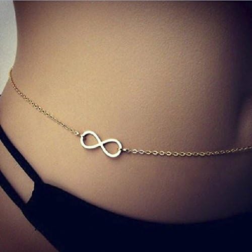 Gold Charm Bikini Belly Waist Lower Back Link Body Chain w/ Number 8 Pendant
