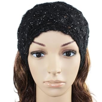 Hand Crochet Rhombus Flower Pattern Silver Threaded Knitted Wide Headband Wrap - Various Colors