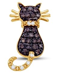 10K Yellow Gold Round Brilliant Cut Prong Set Chocolate Brown and White Diamond Cat Pendant - (1/3 cttw.)