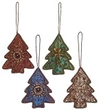Antique Style Embroidered and Sequined Tree Christmas Ornaments 4"x3.25" Set of 4