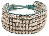 AWESOME ZAD 5 Lined Silver Square Beaded Bracelet Cuff on Colored Teal Leather Cord