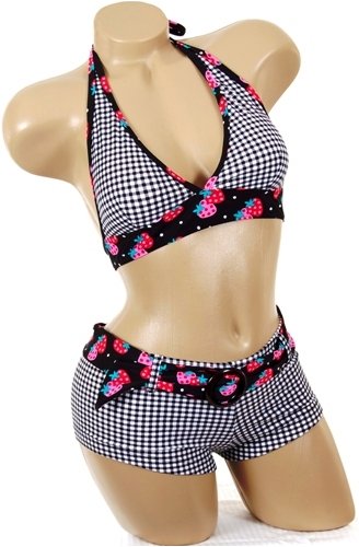 Buy Cute Black Gingham with Strawberries Halter Top and Boyshorts Sexy Two Piece Bikini Swimsuit